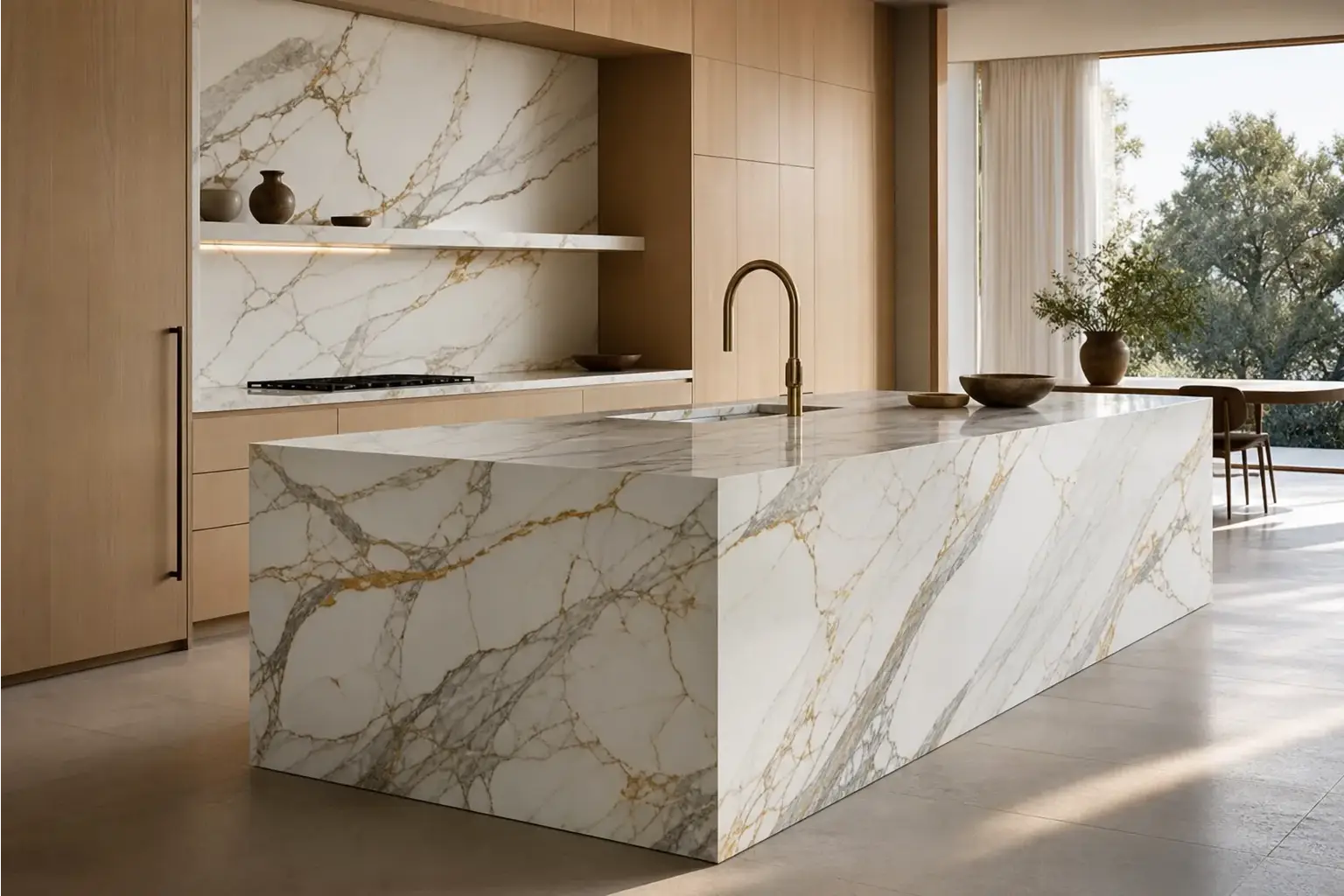 Render fotorealistico di una cucina con top in marmo generato dall’intelligenza artificiale di iBlocky