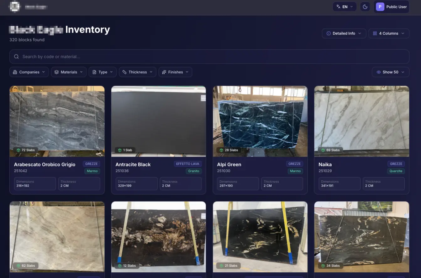 Inventario digitale del marmo nella dashboard di iBlocky