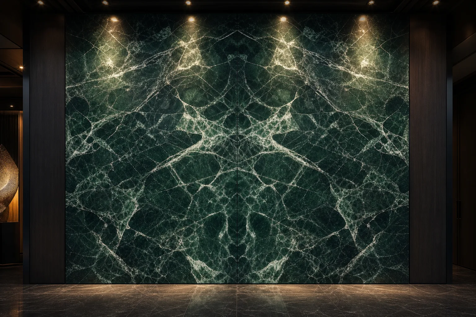 Render fotorealistico di una parete in marmo verde con bookmatch generato dall’AI di iBlocky